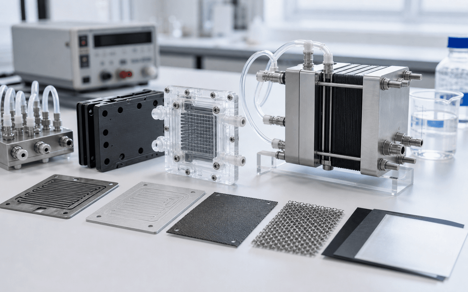 Electrolyzer stack, catalyst-coated plates, membranes, mesh, and tubing manifold