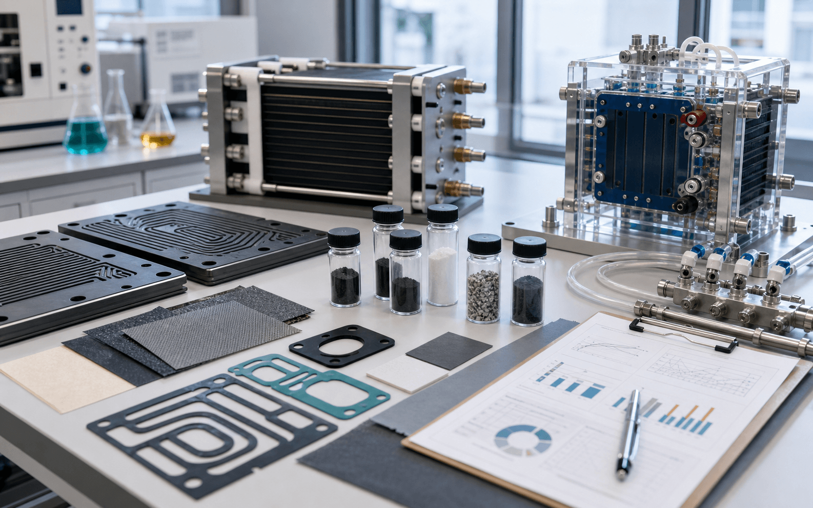 Fuel-cell and electrolyzer materials, device hardware, and engineering solution plan