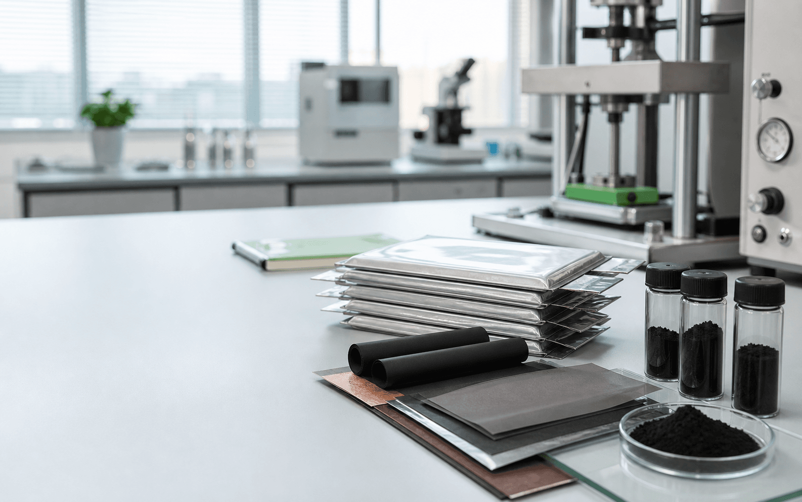 Battery R&D lab bench with pouch cells, electrode sheets, hard carbon samples, and instruments