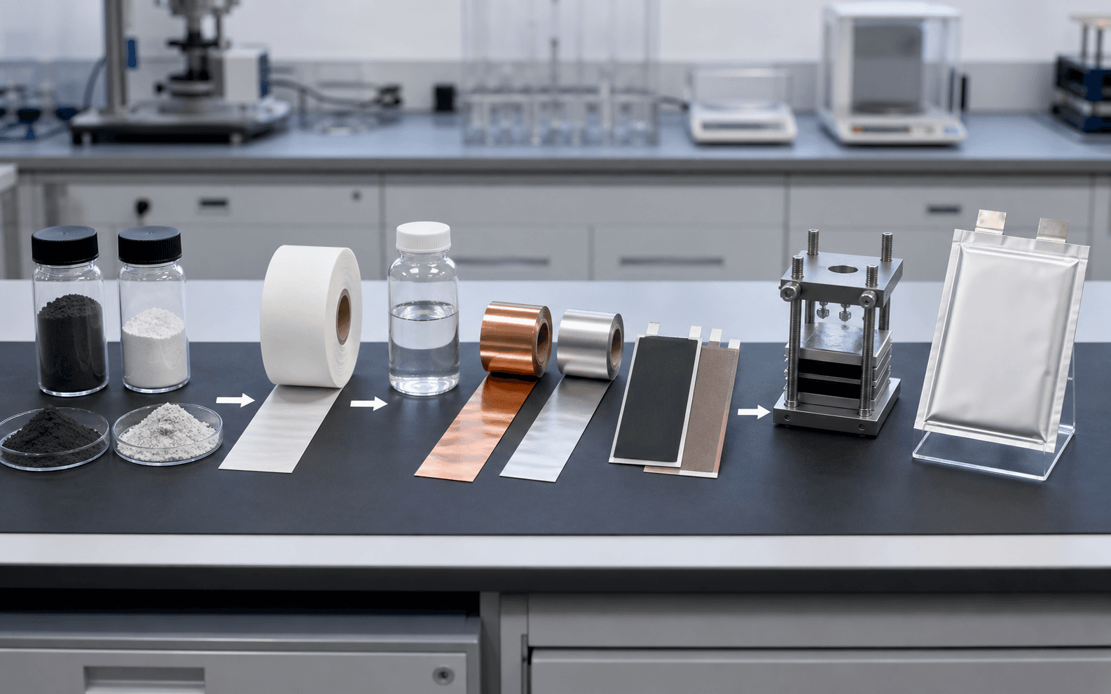 Lithium battery components moving through material preparation, coating, stacking, and final pouch-cell assembly