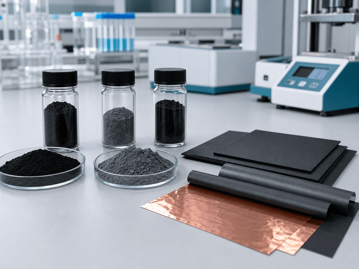 Graphite, silicon-carbon, and hard carbon anode material samples with copper foil and anode sheets