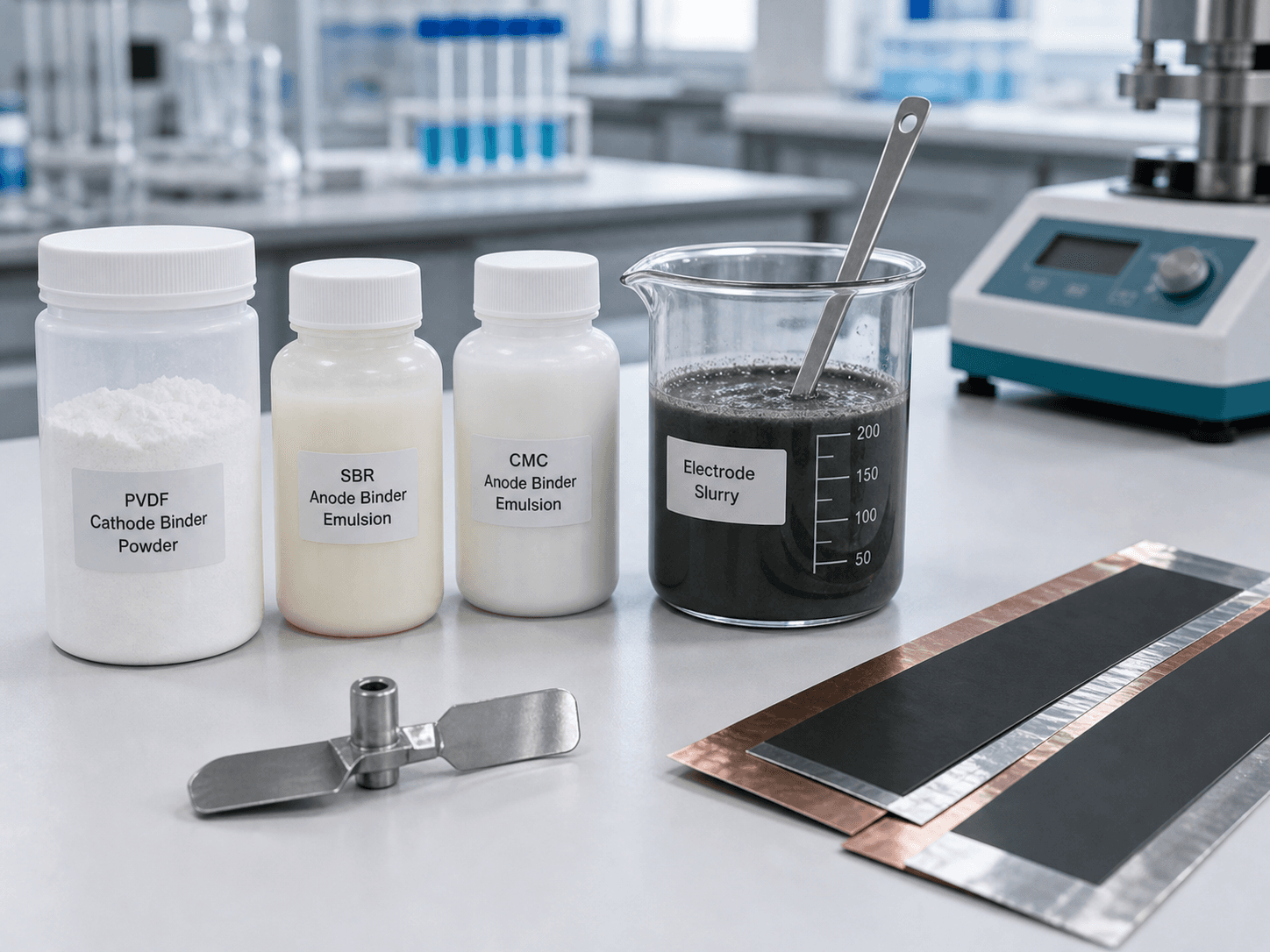PVDF cathode binder, SBR anode binder emulsion, electrode slurry, and coated foil strips