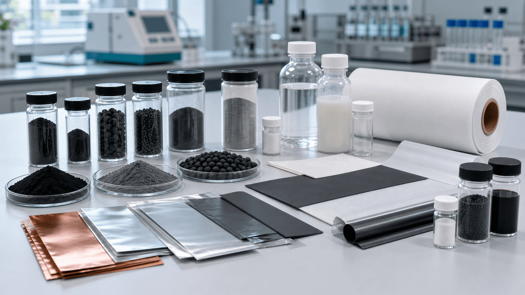 Battery cathode, anode, separator, electrolyte, binder, and conductive additive materials