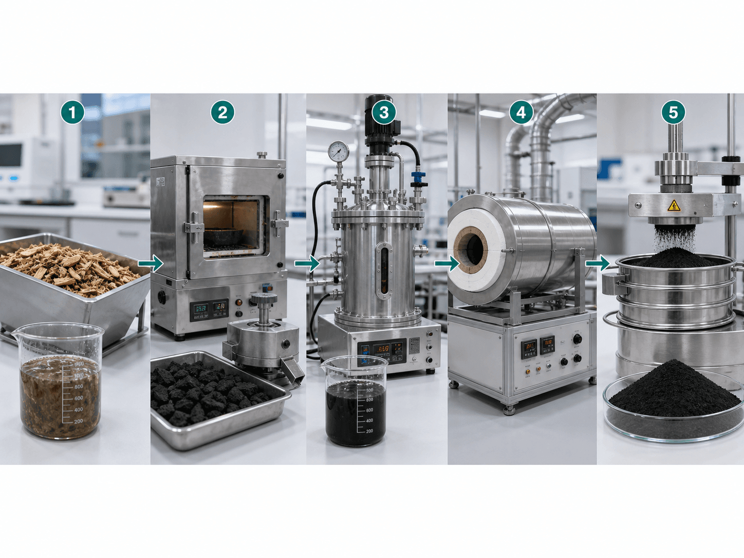 Biomass-based hard carbon preparation workflow from raw material pretreatment to final sieved black hard carbon powder