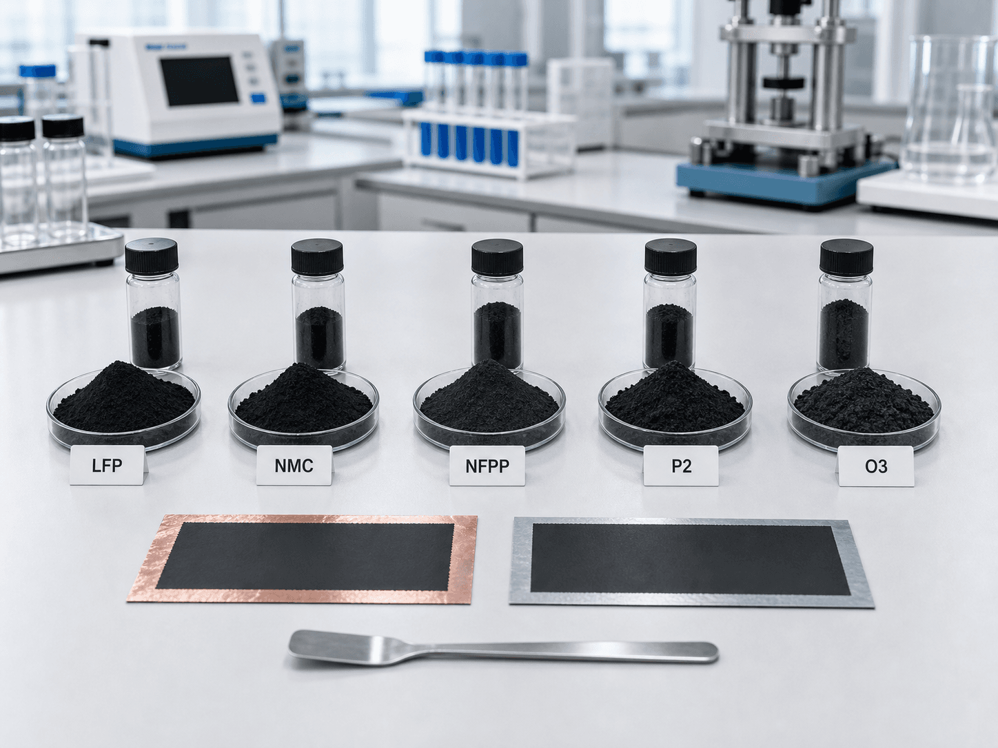 Black cathode material samples labeled LFP, NMC, NFPP, P2, and O3 for lithium-ion and sodium-ion battery development