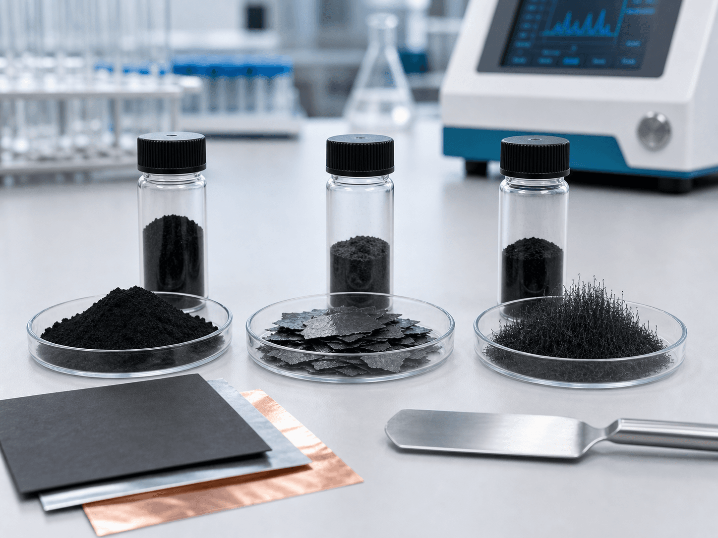 Conductive carbon black, graphene, and carbon nanotube additive samples arranged with battery electrode sheets