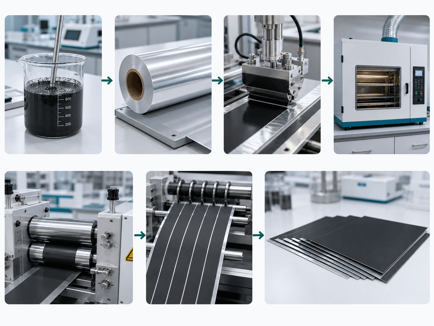 Battery electrode coating workflow from slurry mixing to coating, drying, calendaring, slitting, and finished electrode sheets