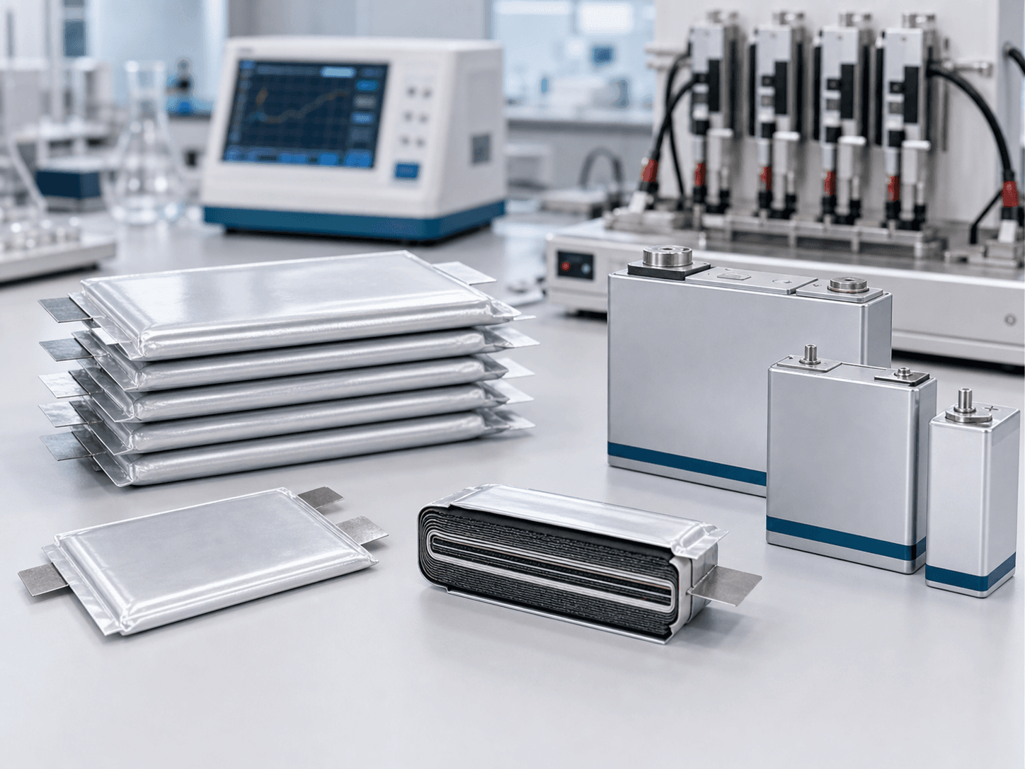 High-energy-density battery cell prototypes with compact layered electrodes and test fixture
