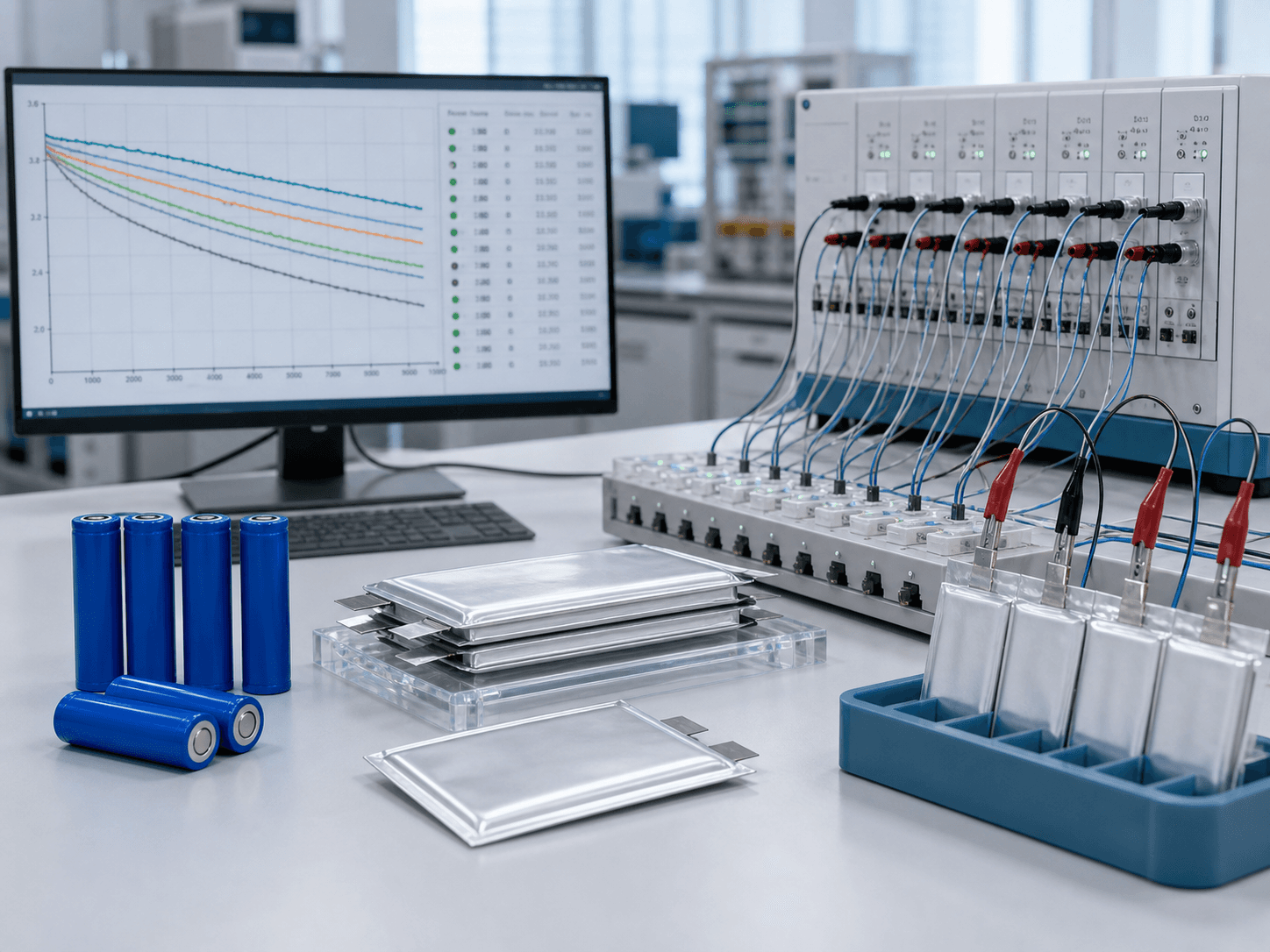 Long-cycle battery cells connected to cycling test equipment for retention validation