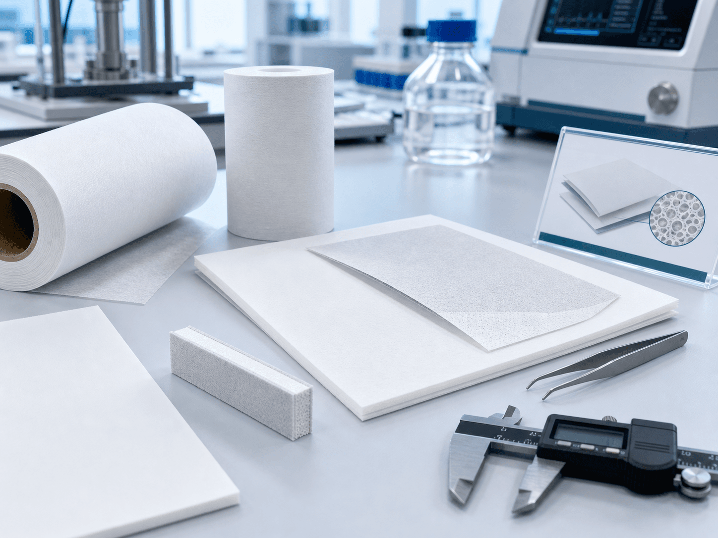 Battery separator base films, ceramic-coated separator sheets, and cross-section samples on a laboratory bench