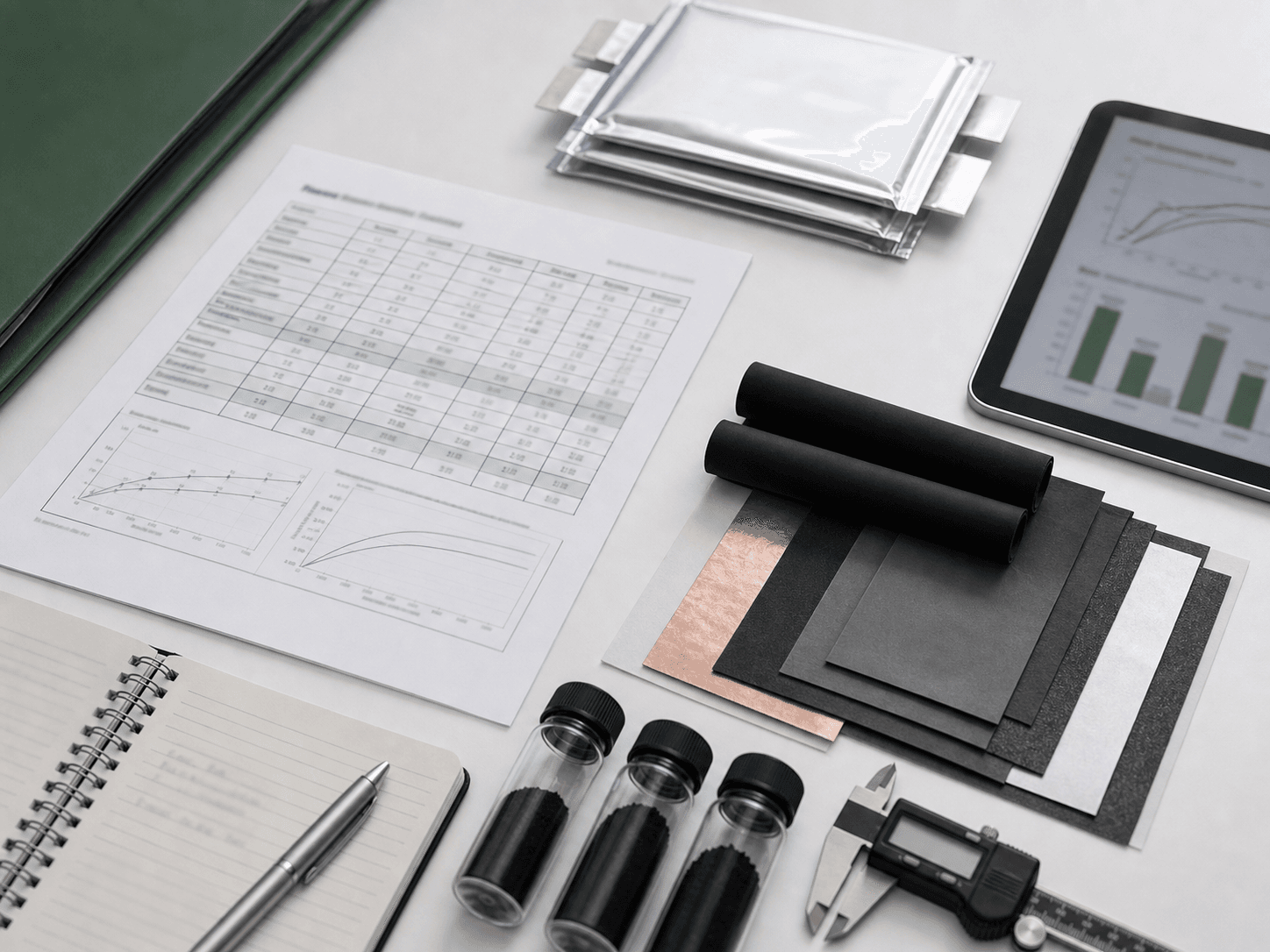 Battery technical workspace with samples, engineering test plan, and measurement tools